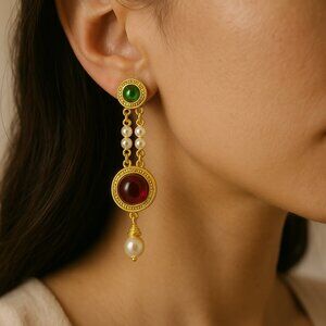 Vintage-Inspired Gold Drop Earrings with Pearls & Gemstones